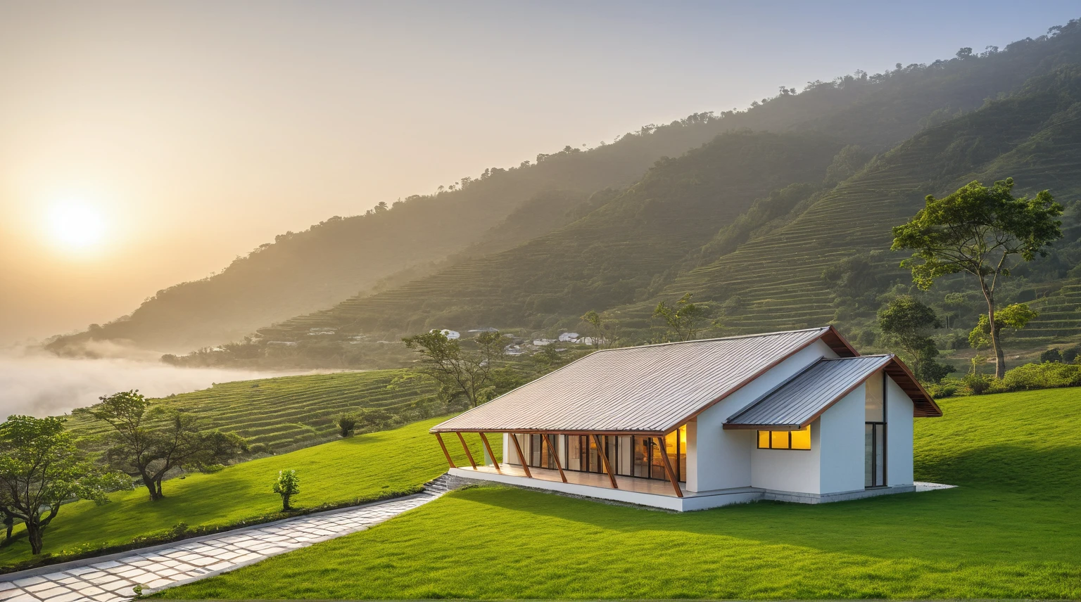 ((Vietnamese highland scenery)), Modern, rural house, fruit garden, (located on the hillside), ((looking down to the river in the valley)), large lawn, (White walls), ((flat tile roof)), large glass windows, porch, railing, ((dawn sun, fog)), Warm light, overwhelming feeling, (8k, RAW photo, best quality, masterpiece:1.2), (realistic, photo-realistic:1.37), ultra-detailed, ultra-high res,