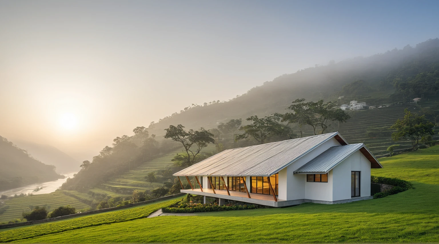 ((Vietnamese highland scenery)), Modern, rural house, fruit garden, (located on the hillside), ((looking down to the river in the valley)), large lawn, (White walls), ((flat tile roof)), large glass windows, porch, railing, ((dawn sun, fog)), Warm light, overwhelming feeling, (8k, RAW photo, best quality, masterpiece:1.2), (realistic, photo-realistic:1.37), ultra-detailed, ultra-high res,