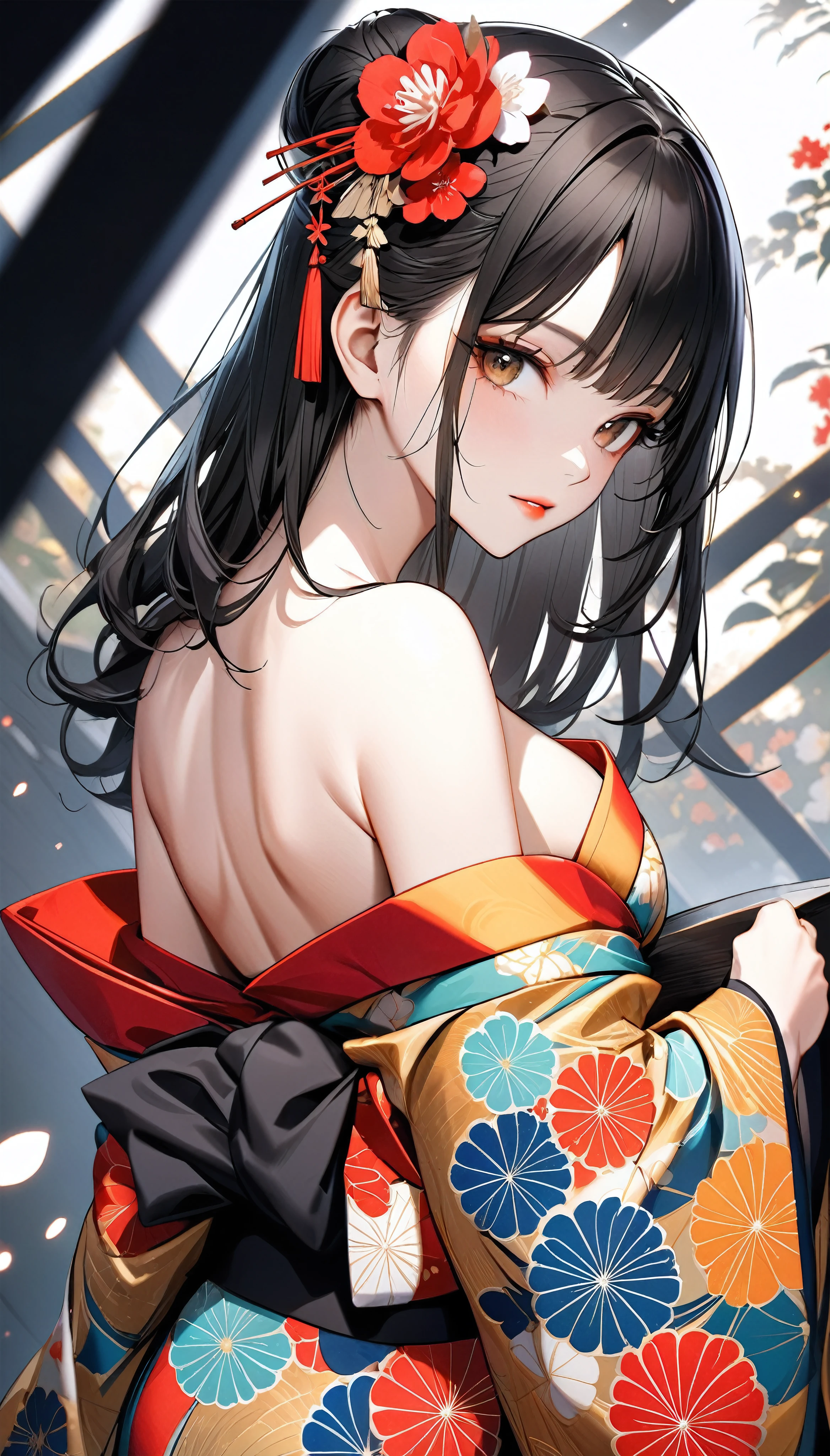 (Masterpiece, best quality), (ultra high resolution, 8K RAW photo, photo realistics, textile shading, thin outline), araffe matured woman in a kimono, sitting on a bed with holding a teddy bear, (wearing white silk robes), white hanfu, (wearing japanese kimono:1.2, traditional japanese, japanese clothes), (classy yukata clothing), wearing a haori, (matured woman, milf:1.5, 28 years old, solo), (large breast, sagging breast, big tits, narrow waist, big ass, curvy bodies), (medium hair, hair over one eye, asymmetric hair, low tied braid), (bright pupils, detailed eyes, high detailed face), eye rush, sad smile, looking down, (dynamic angle, from above), (correct anatomy:1.5, correct hands), (ideal ratio of body proportions),