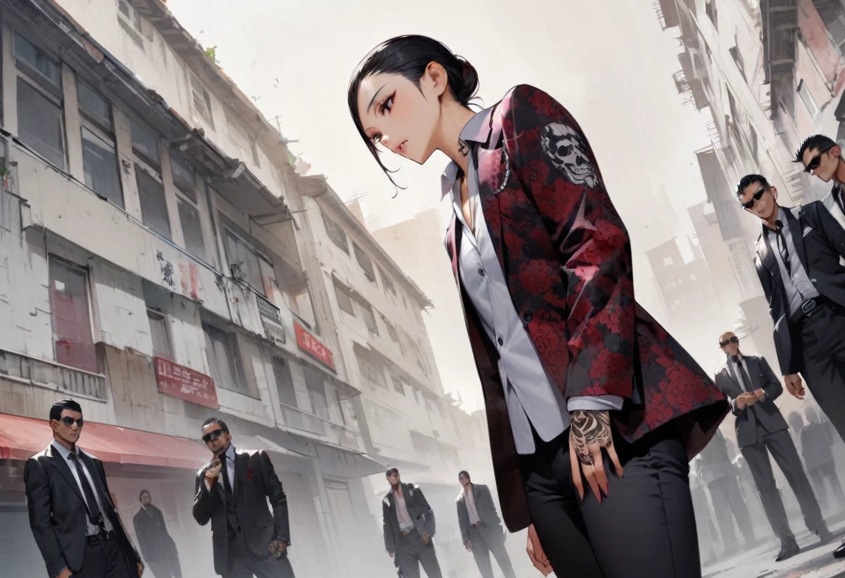 shoot from below、Cute female yakuza、Looking down on、tattoo、Girl、Girl、Short、Younger、Lower school year、Baby Face、flat chest、Yakuza Office、Yakuza、building、background、Dynamic Angle、masterpiece、best quality、ultra-detail、Japanese Mafia、Yakuza hideout、gang、Boss&#39;s Room、Thug&#39;s Room、Boss&#39;s Daughter、Clothing、cool、Cold eyes、Angry
