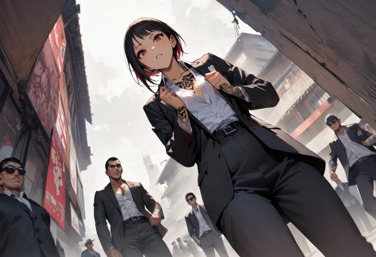 shoot from below、Cute female yakuza、Looking down on、tattoo、Girl、Girl、Short、Younger、、Baby Face、flat cha Office、Yakuza、building、background、Dynamic Angle、masterpiece、best quality、ultra-detail、Japanese Mafia、Yakuza hideout、gang、Boss's Room、Thug's Room、Boss's Daughter、Clothing、cool、Cold eyes、Angry