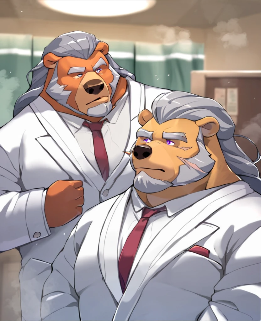 Grizzlies,personification,Mature male,Hercules,Gray hair,Gentle expression,Purple pupils,Gray eyebrows,Scars on the face(1.9),White suit suit,Hands in pockets,The Age of Steam,Hospital Office。