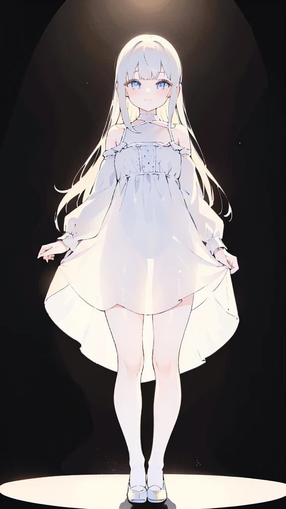 masterpiece, 8K, Detailed face, best quality, Must be created as described, (1 girl, alone, 20 years old, 158cm), (Black hair, long hair, Straight Hair, Bangs), (innocent, Big blue eyes like diamonds), (fair skin, thin waist, long legs), (Dress simply,Fitted pure white dress, spaghetti straps, Flat style), (The dress is very short, Thin and translucent, Dress has no sleeves, 只有spaghetti straps), (Wearing white socks), (Show your thighs, Show your arms), (The expression looks shy, but with a smile), (light black background, Full body portrait, Stand Up Straight, symmetry)
