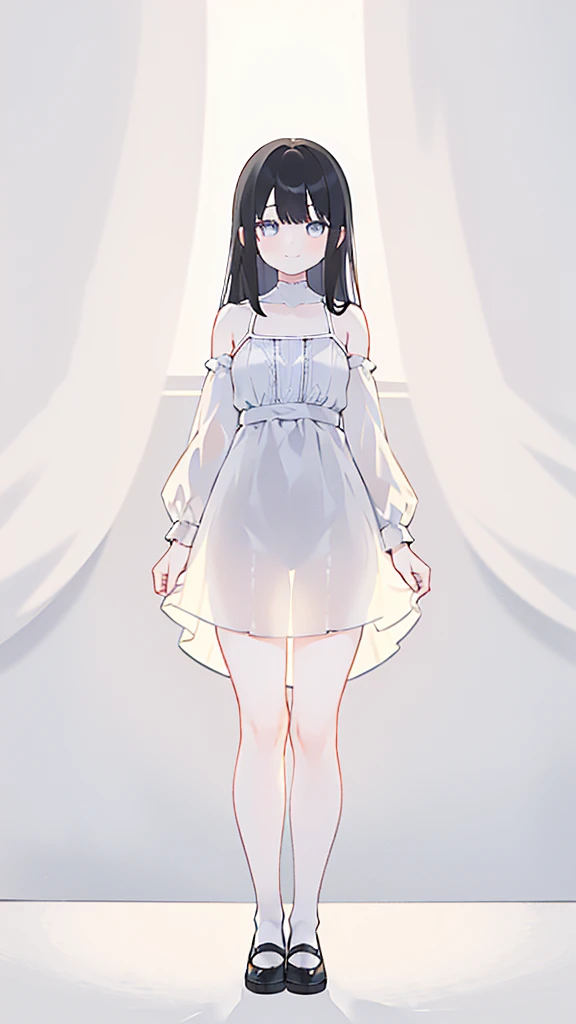 masterpiece, 8K, Detailed face, best quality, Must be created as described, (1 girl, alone, 20 years old, 158cm), (Black hair, long hair, Straight Hair, Bangs), (innocent, Big blue eyes like diamonds), (fair skin, thin waist, long legs), (Dress simply,Fitted pure white dress, spaghetti straps, Flat style), (The dress is very short, Thin and translucent, Dress has no sleeves, 只有spaghetti straps), (Wearing white socks), (Show your thighs, Show your arms), (The expression looks shy, but with a smile), (light black background, Full body portrait, Stand Up Straight, symmetry)