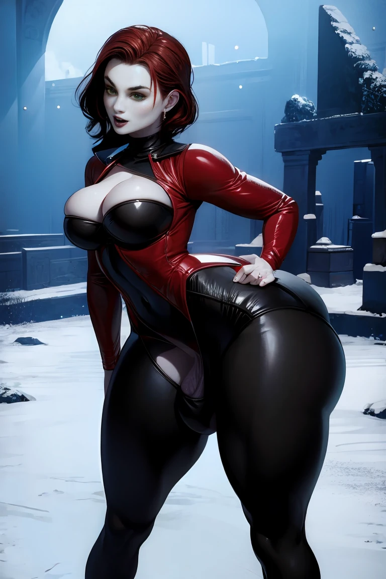 (pale white skin:1.4), (solo:1.1),(masterpiece), (best quality:1.3), highly detailed, intricate, professional art, digital art, absurdres, Pirate queen, white skin, 1girl, Futanari, solo, (Full body:1.1) ,dark red hair, black long sleeve turtle neck leotard, crotch bulge, penis under clothes, bob hair, red jewel pendant, gold hoop earrings, green eyes, pear shaped figure, medium breasts, thick thighs, wide hips, bubble butt (aroused:1.2), (Black makeup 1:1), Black lipstick, full lips, BREAK outdoors, dim lighting, graveyard, night time, BREAK standing, frontal view, BREAK