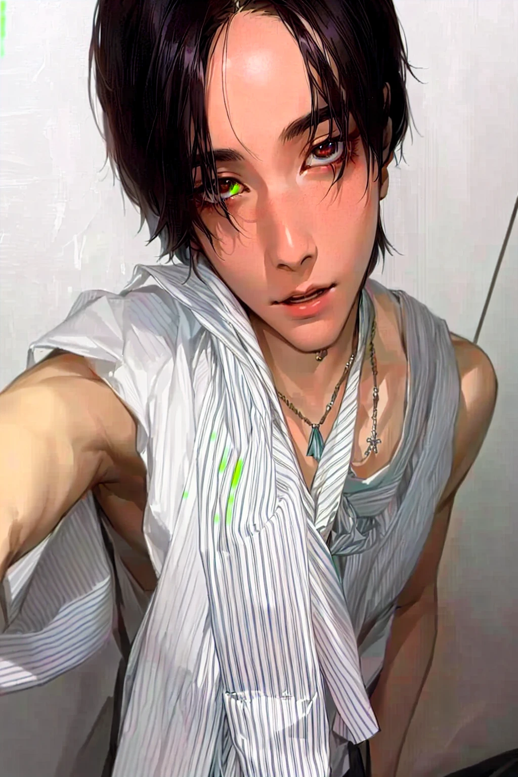 there is a young man with a tie around his neck, Jinyoung Shin, cai xukun, cute japanese demon boy, delicate androgynous prince, beautiful androgynous prince, taken at the beginning of 2020, Sui Ishida, androgynous person, androgynous, androginy, androgynous face, toru furuya