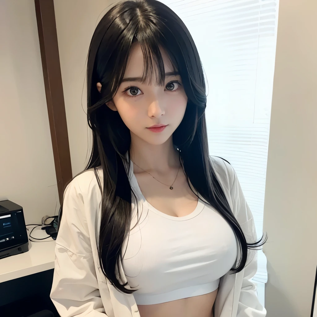 Counseling Room、Psychologist、Long Black Hair、Wear white、Breast F cup、Wear a white T-shirt and a white coat、White trousers、Thin limbs、cute、Nogizaka46、clear、Idol、Double eyes are large