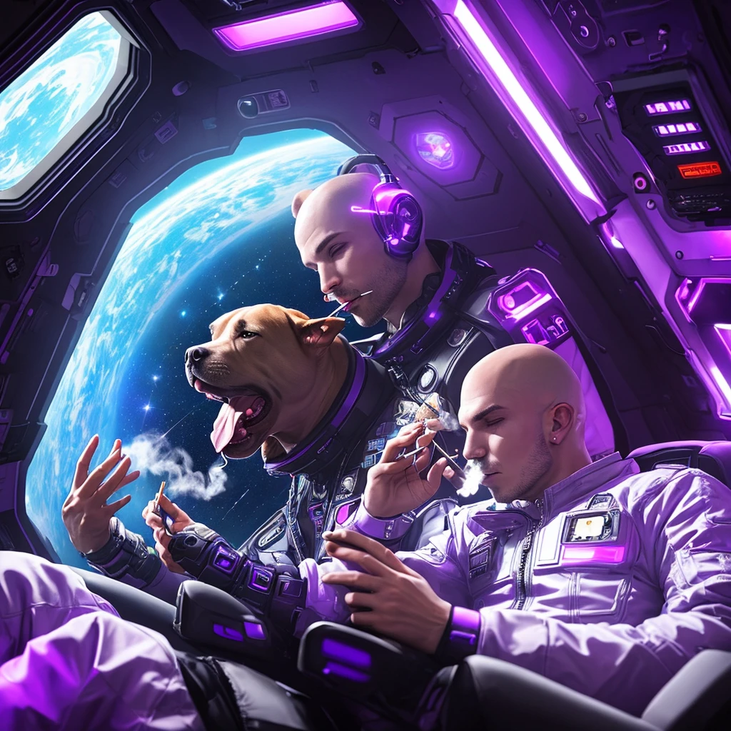 Man with pit bull head smoking weed in spaceship with purple lighting in outer space cyber punk