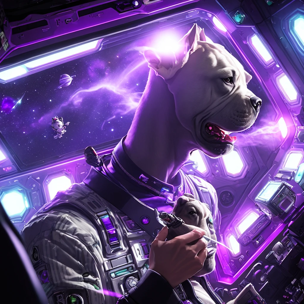 Man with pit bull head smoking weed in spaceship with purple lighting in outer space cyber punk