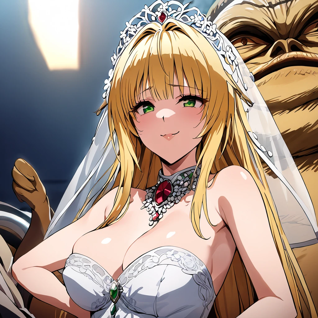 ((Highest quality)), ((masterpiece)), (detailed), （Perfect Face）、The woman is a member of the Hutt clan, Tearje the Hutt, with green eyes, medium-long blonde hair, an iron collar, and a gorgeous, jeweled vintage wedding dress and vintage wedding veil. Jabba the Hutt picks her up and impregnates her, moaning with delight as she climaxes.、Jabba the Hutt picks up a woman, fondles her, and impregnates her、The woman loves Jabba the Hutt and looks at him with a gentle smile.