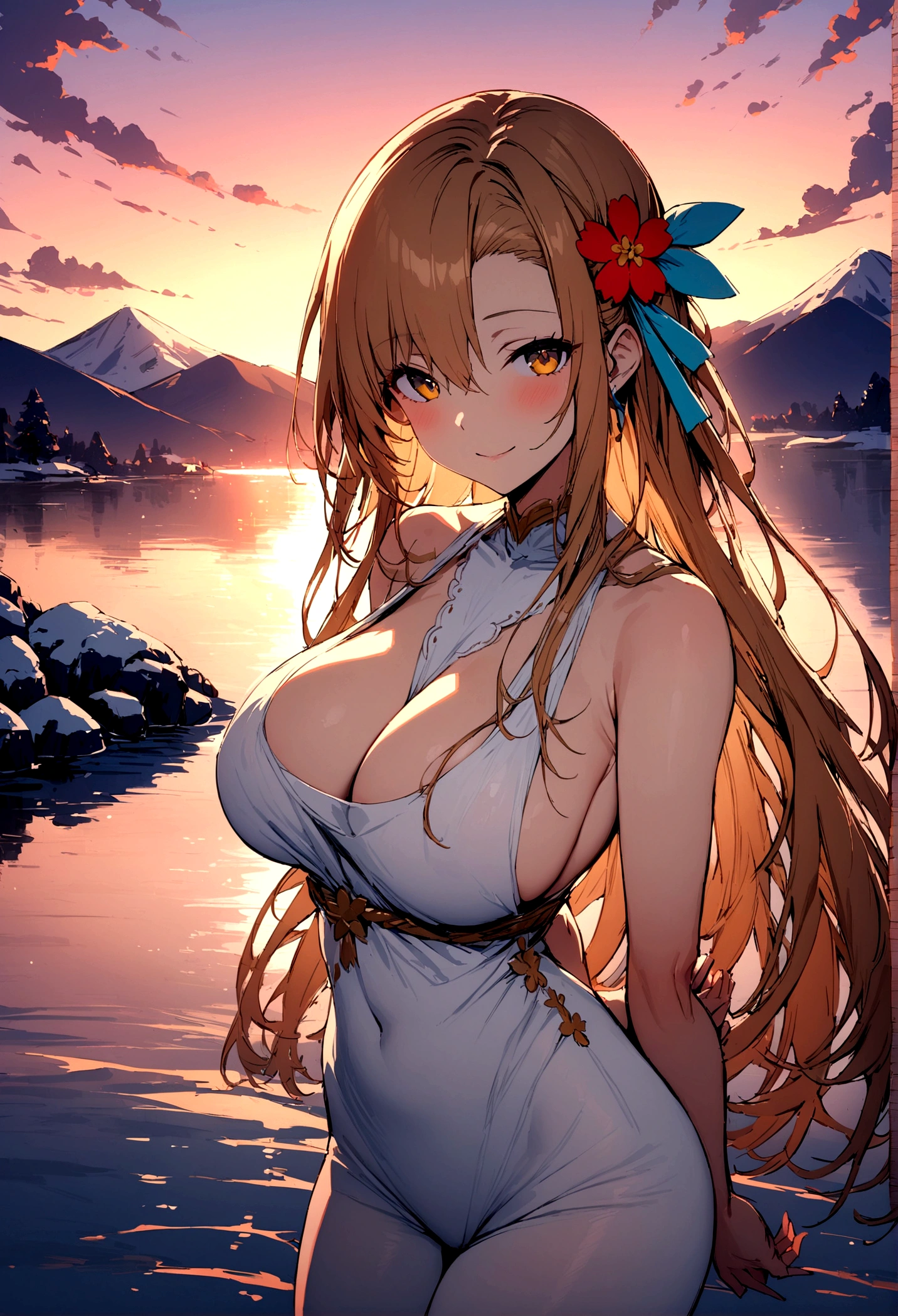 asuna, Masterpiece, Best Quality, detailed, (1 girl), Alone, detailed golden eyes, wide, standing, close to the viewer, (detailed desnuda), light smile, big uncovered , (arms behind the back), water, sunset, (hair ornament), (sakura bloom), snowy mountain lake in the background
