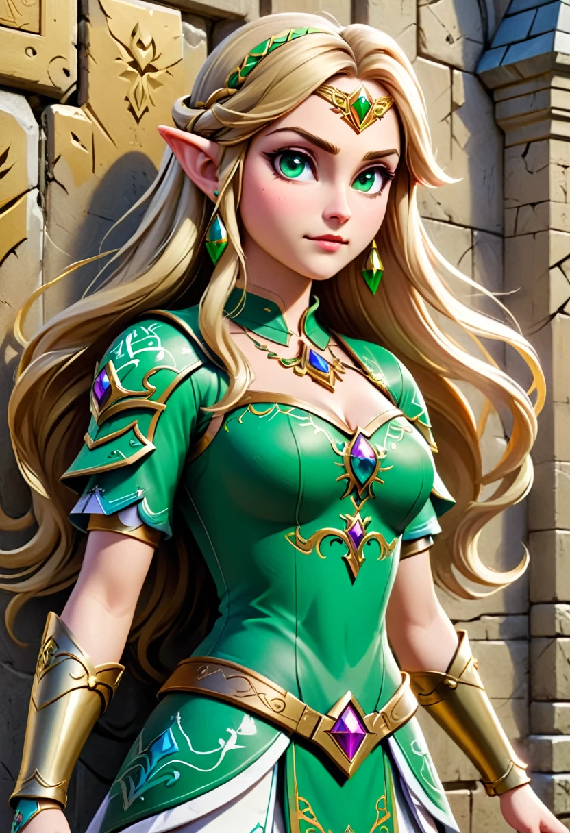 a masterpiece graffiti art of Princess Zelda on the wall of a castle, ,Princess Zelda (intense details, Masterpiece, best quality: 1.5), ultra detailed face, ultra feminine, fair skin, exquisite beauty, gold hair, long hair, wavy hair, small pointed ears, dynamic eyes color, wearing heavy green and white armor, shinning metal, armed with elven sword, ais-graffiti