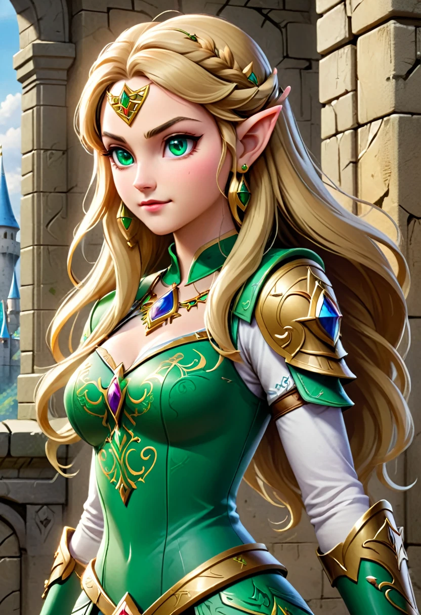 a masterpiece graffiti art of Princess Zelda on the wall of a castle, ,Princess Zelda (intense details, Masterpiece, best quality: 1.5), ultra detailed face, ultra feminine, fair skin, exquisite beauty, gold hair, long hair, wavy hair, small pointed ears, dynamic eyes color, wearing heavy green and white armor, shinning metal, armed with elven sword, ais-graffiti