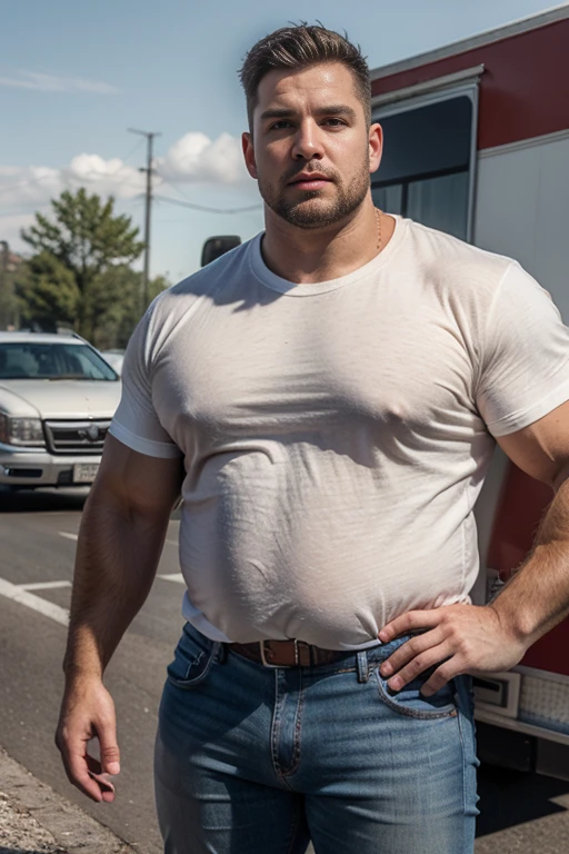 Handsome chubby bodybuilder (atractive macho, huge biceps, bíceps veiny, t-shirt, jeans) On a road, a trailer in the background , hyper realistic, ultra realistic,