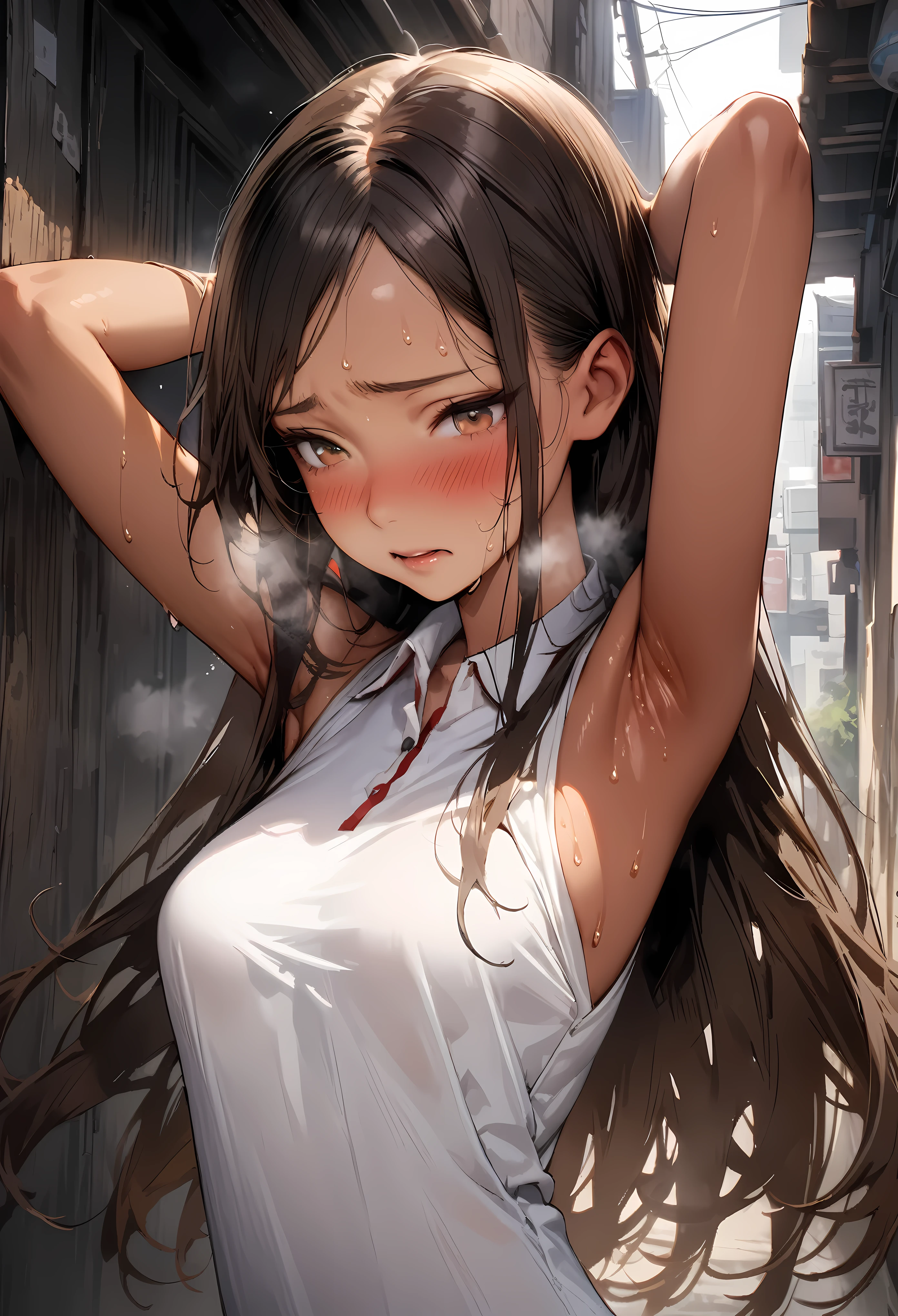 ((masterpiece,Highest quality:1.3,best quality illustration,realistic)),cowboy shot,solo,1woman,(18-year-old、Japanese Beauty)、brown hair,long hair,center parted bangs,brown eyes,gorgeous eyes,((very small head:1.3)),blush,shy,Heavy breathing、((very long body:1.2,skinny)),medium breasts,(tan skin:1.4), (gleaming skin,toned body,slender body),sweat,(White sleeveless polo dress),Show off your armpits、arms up,hands behind head,Alley、Tokyo、