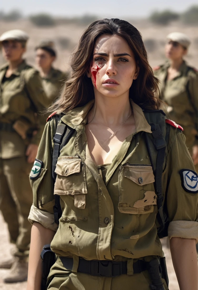 8k, best quality, masterpiece:1.2), (realistic, photo-realistic:1.37), ultra-detailed, Israeli female soldiers wear torn military clothing with open buttons and a red bra visible. ripped oufit, torn outfit, sad face, crying face,