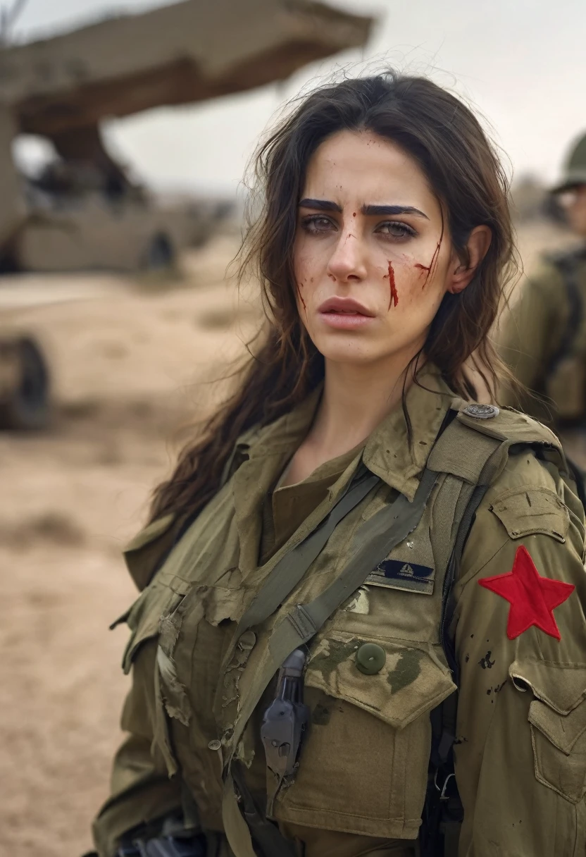 8k, best quality, masterpiece:1.2), (realistic, photo-realistic:1.37), ultra-detailed, Israeli female soldiers wear torn military clothing with open buttons and a red bra visible. ripped oufit, torn outfit, sad face, crying face,