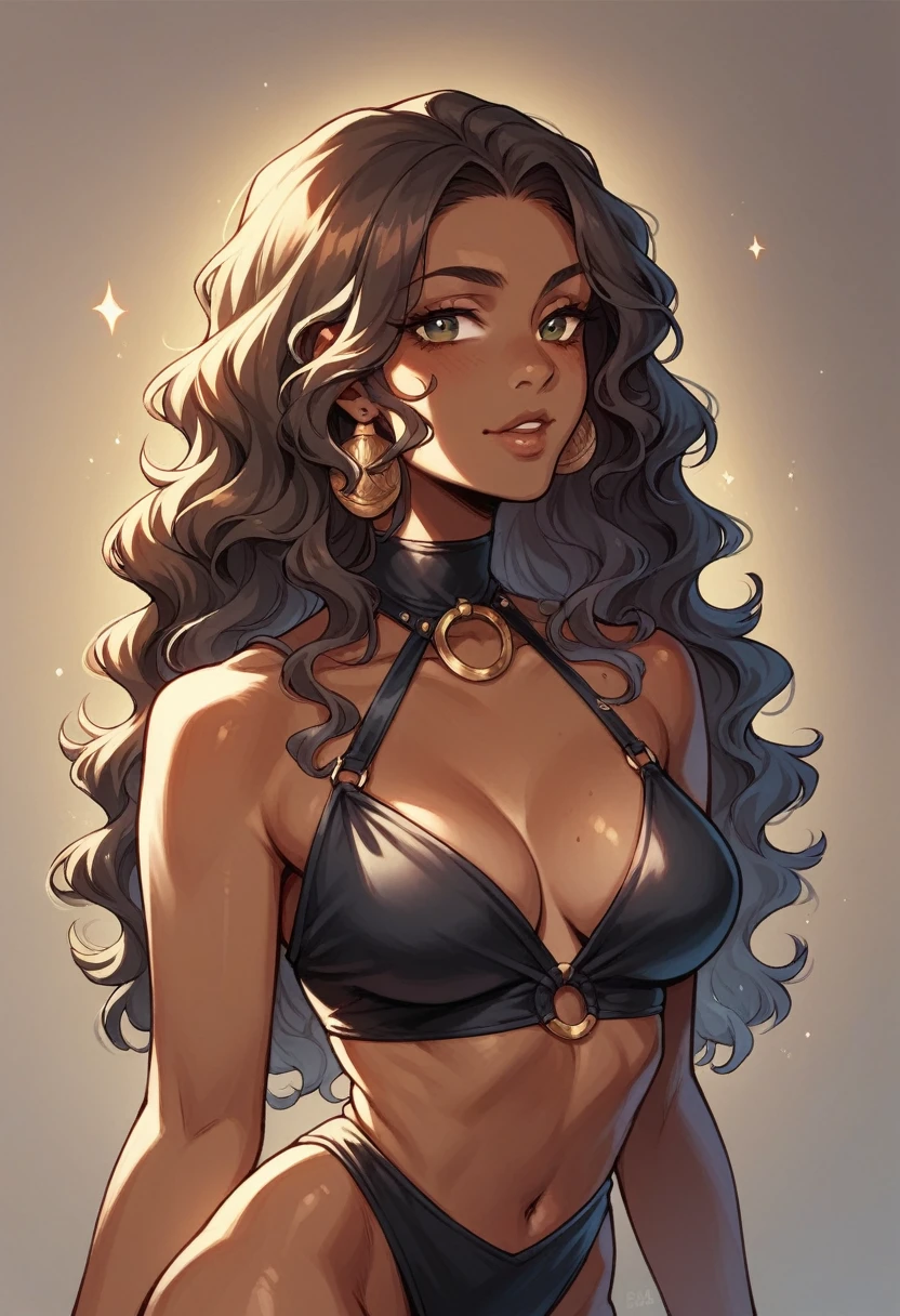 african girl, black ethnicity, wearing sexy woman outfit, wavy hair, thick girl,sexy photo