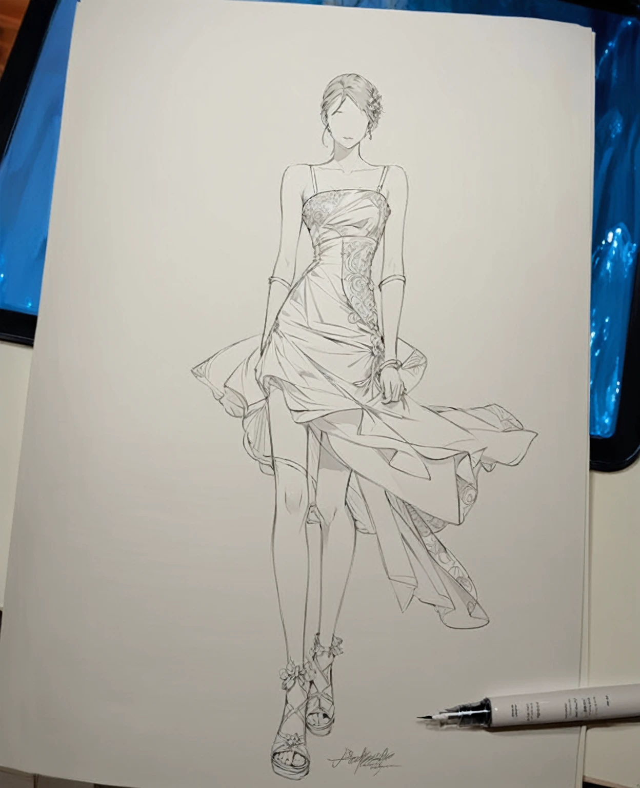 1 girl, full body portrait, detailed dress, detailed face, full body drawing, outline drawing, outline sketch, traditional painting style, elegant painting, full body figure drawing, anime style drawing, anime drawing, full body grayscale, extremely detailed ink line art, anime style painting, ink outline, detailed full body concept