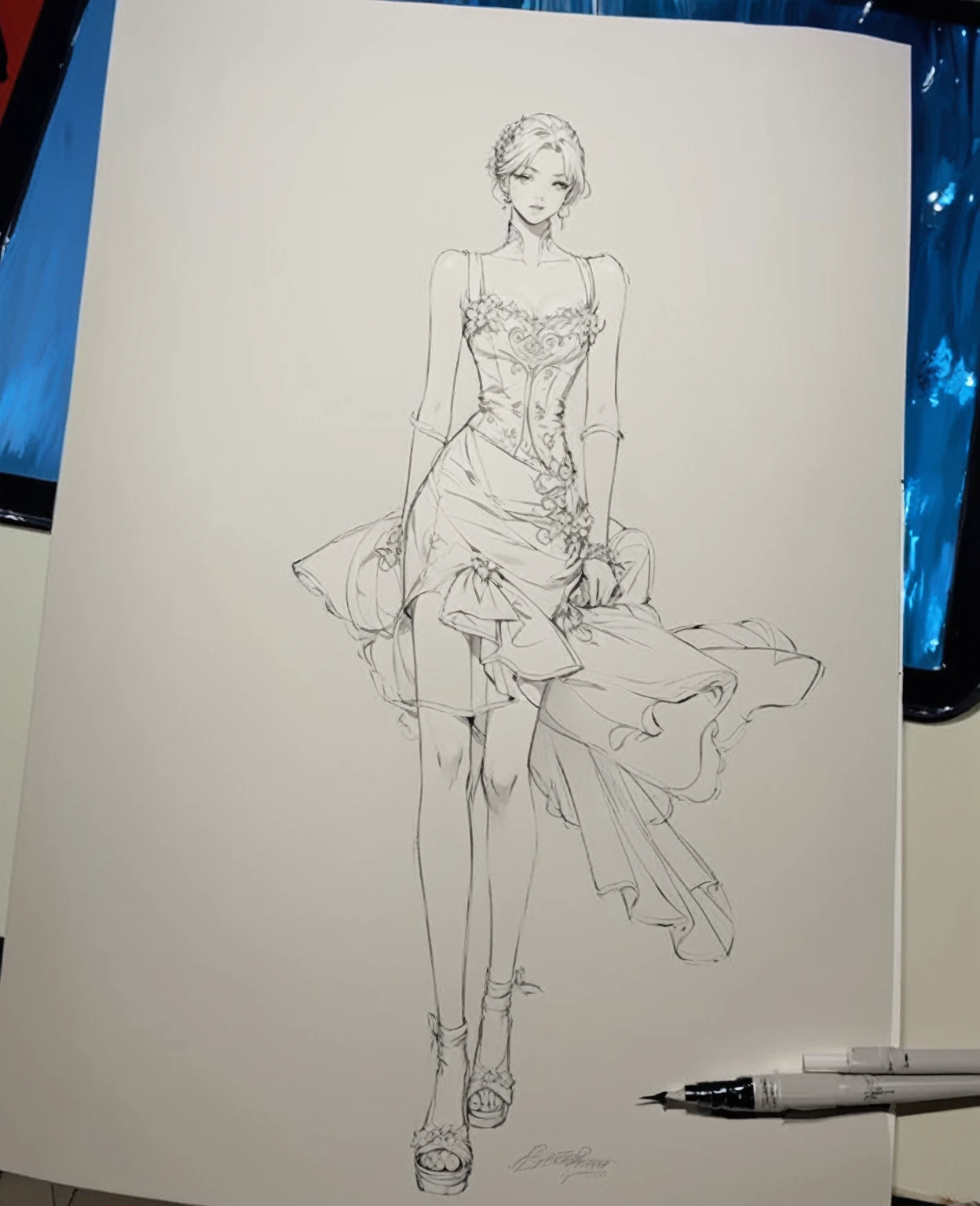 1 girl, full body portrait, detailed dress, detailed face, full body drawing, outline drawing, outline sketch, traditional painting style, elegant painting, full body figure drawing, anime style drawing, anime drawing, full body grayscale, extremely detailed ink line art, anime style painting, ink outline, detailed full body concept