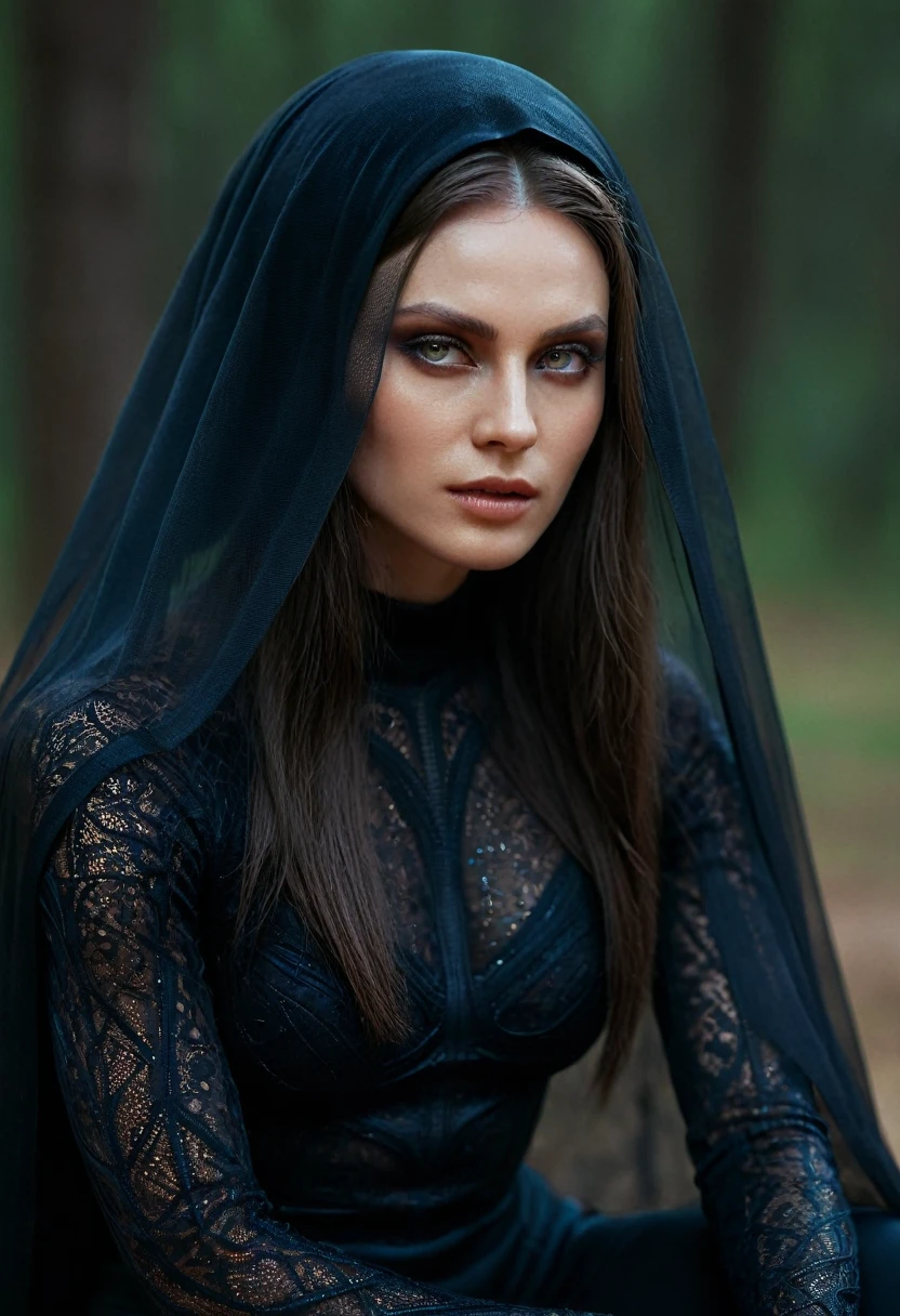 Fashionable of androgynous alien looking witch wearing veil, glowing eyes, beautiful evil slavic muscular woman, pale skin, long hair, futuristic design, minimal details, givenchy, photoreal, 200mm, hd, f/ 2.0, highly detailed, surreal, sitting, light smile, simple black stylish clothes, a slight smiledrop dead, in the style of red and blue, (intricate details, hyperdetailed:1.15) (skin texture:1.2), cinematic, professional, 4k, (((dynamic model pose))), sitting, full body, mesmerizing, dynamic, dramatic, dynamic pose, highly detailed skin with hair, subcutaneous veins, light and shadow play, highly detailed,24mm photograph, bokeh, professional, 4k,