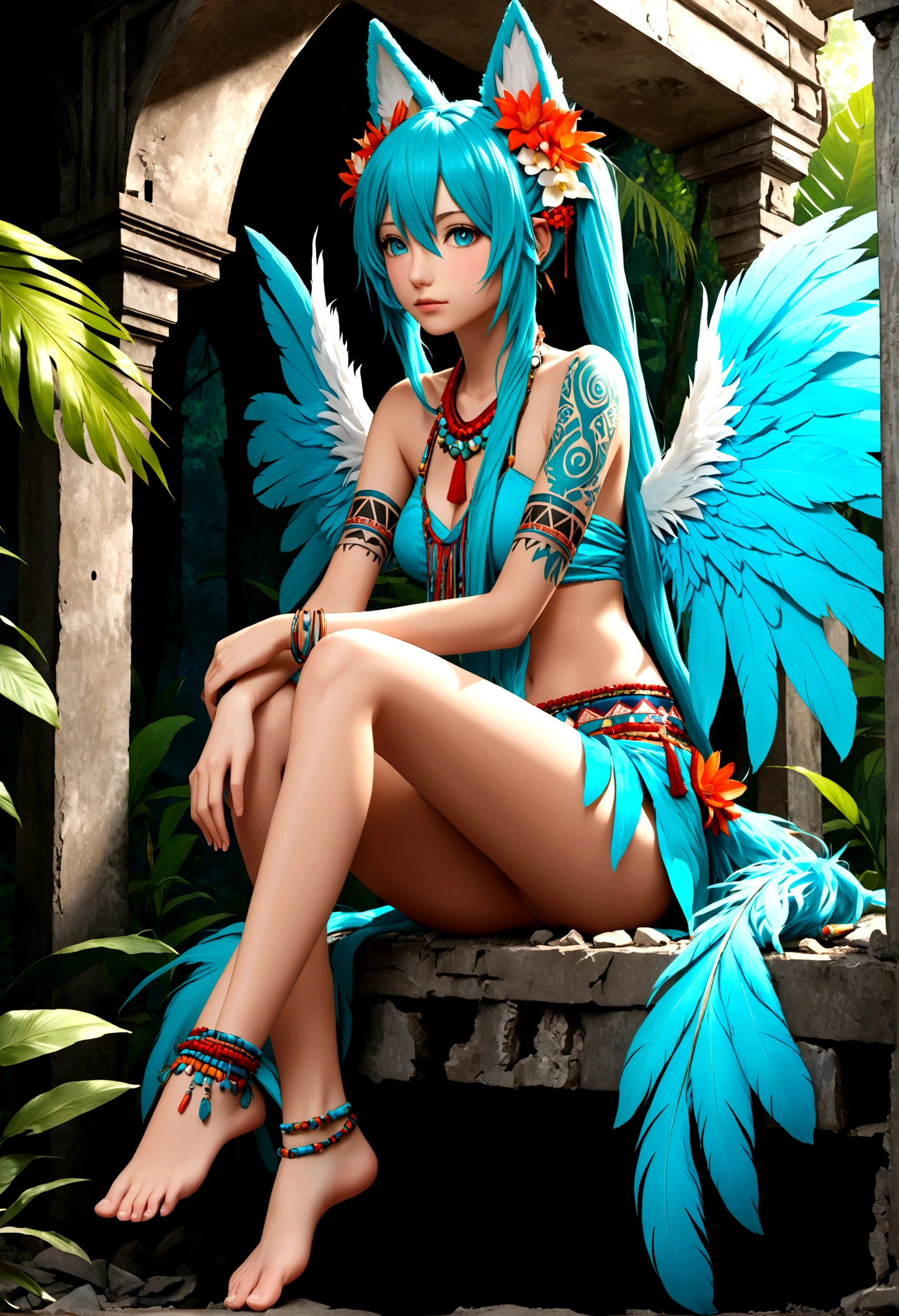 Miku Hatsune, add high definition add_detail:1, blue fur,kitsune ears, tribal tattoo add_detail:1, in a ruins in the jungle, barefoot, tribal costume add_details:1, giant aqua feather wings add_detailsl:1 ,alas hermosas la mejor calidad y detail en las plumas, add blue saturation light_detailsl