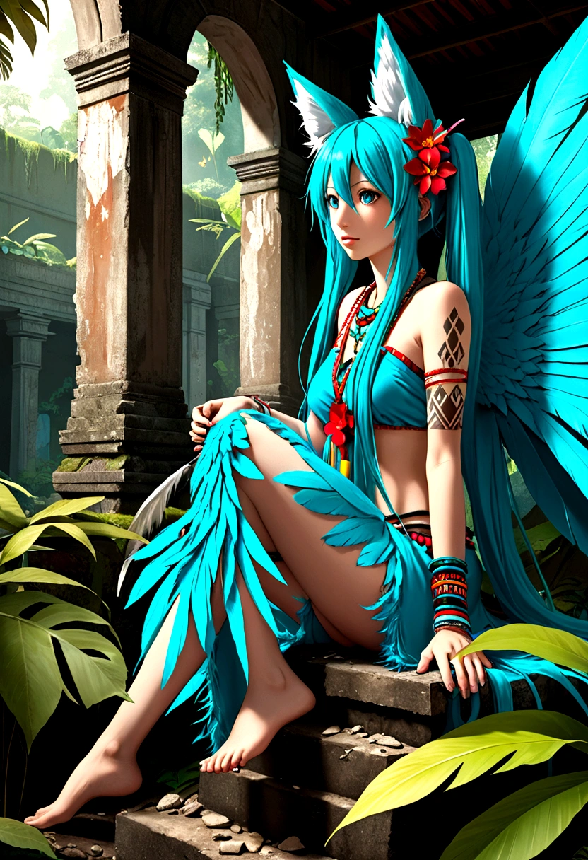 Miku Hatsune, add high definition add_detail:1, blue fur,kitsune ears, tribal tattoo add_detail:1, in a ruins in the jungle, barefoot, tribal costume add_details:1, giant aqua feather wings add_detailsl:1 ,alas hermosas la mejor calidad y detail en las plumas, add blue saturation light_detailsl