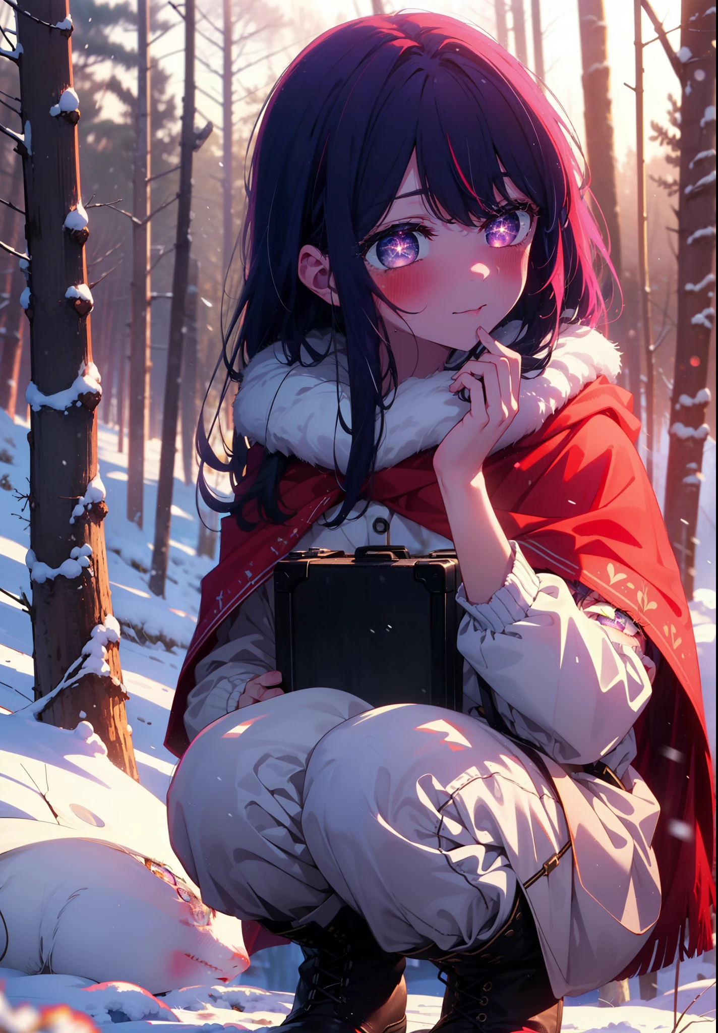aihoshino, Ai Hoshino, Long Hair, bangs, (Purple eyes:1.1), Purple Hair, (Symbol-shaped pupil:1.5), smile,,smile,blush,White Breath,
Open your mouth,snow,Ground bonfire, Outdoor, boots, snowing, From the side, wood, suitcase, Cape, Blurred, , forest, White handbag, nature,  Squat, Mouth closed, Cape, winter, Written boundary depth, Black shoes, red Cape break looking at viewer, Upper Body, whole body, break Outdoor, forest, nature, break (masterpiece:1.2), Highest quality, High resolution, unity 8k wallpaper, (shape:0.8), (Beautiful and beautiful eyes:1.6), Highly detailed face, Perfect lighting, Highly detailed CG, (Perfect hands, Perfect Anatomy),