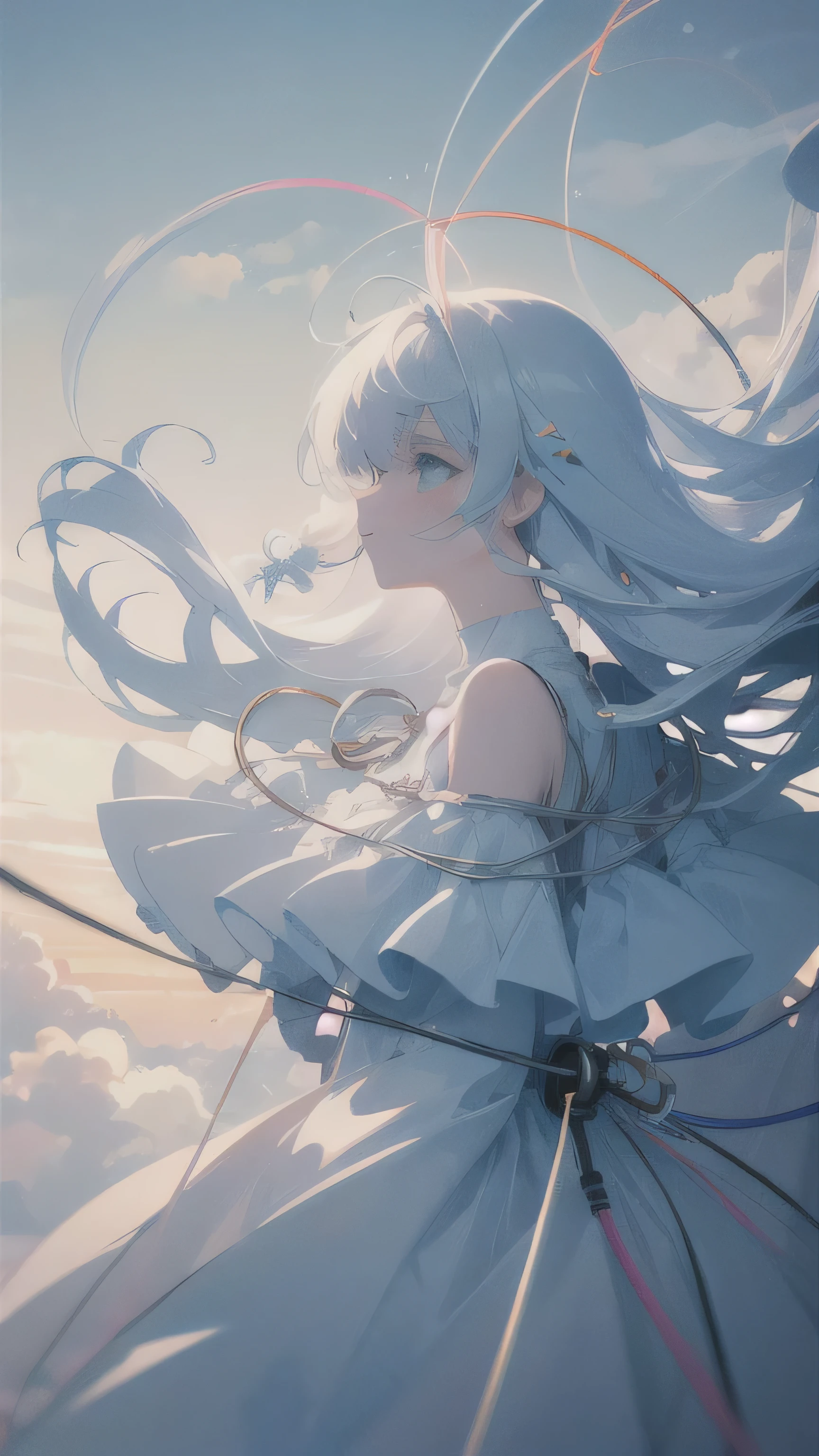 masterpiece, best quality, Stills, 1 Girl, Floating in the air, cloud girl, cloud, (close up:1.1), bright, Happy, pleasure, Soft lighting, (Bauhaus, shape, Wire, Abstract:1.1)