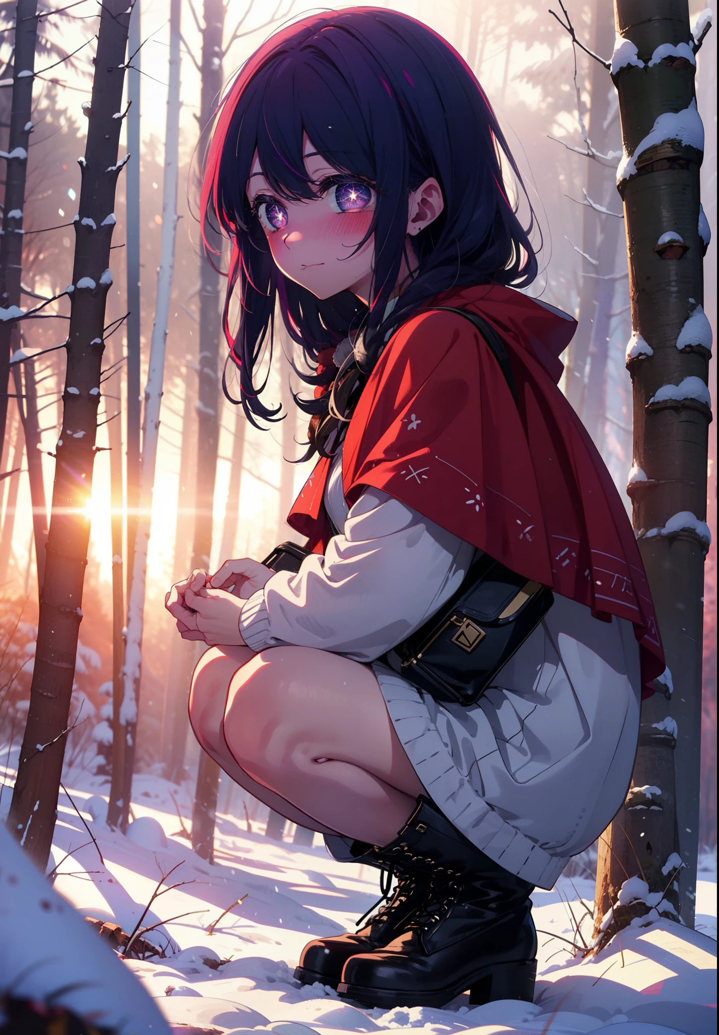 aihoshino, Ai Hoshino, Long Hair, bangs, (Purple eyes:1.1), Purple Hair, (Symbol-shaped pupil:1.5), smile,,smile,blush,White Breath,
Open your mouth,snow,Ground bonfire, Outdoor, boots, snowing, From the side, wood, suitcase, Cape, Blurred, , forest, White handbag, nature, Squat, Mouth closed, Cape, winter, Written boundary depth, Black shoes, red Cape break looking at viewer, Upper Body, whole body, break Outdoor, forest, nature, break (masterpiece:1.2), Highest quality, High resolution, unity 8k wallpaper, (shape:0.8), (Beautiful and beautiful eyes:1.6), Highly detailed face, Perfect lighting, Highly detailed CG, (Perfect hands, Perfect Anatomy),
