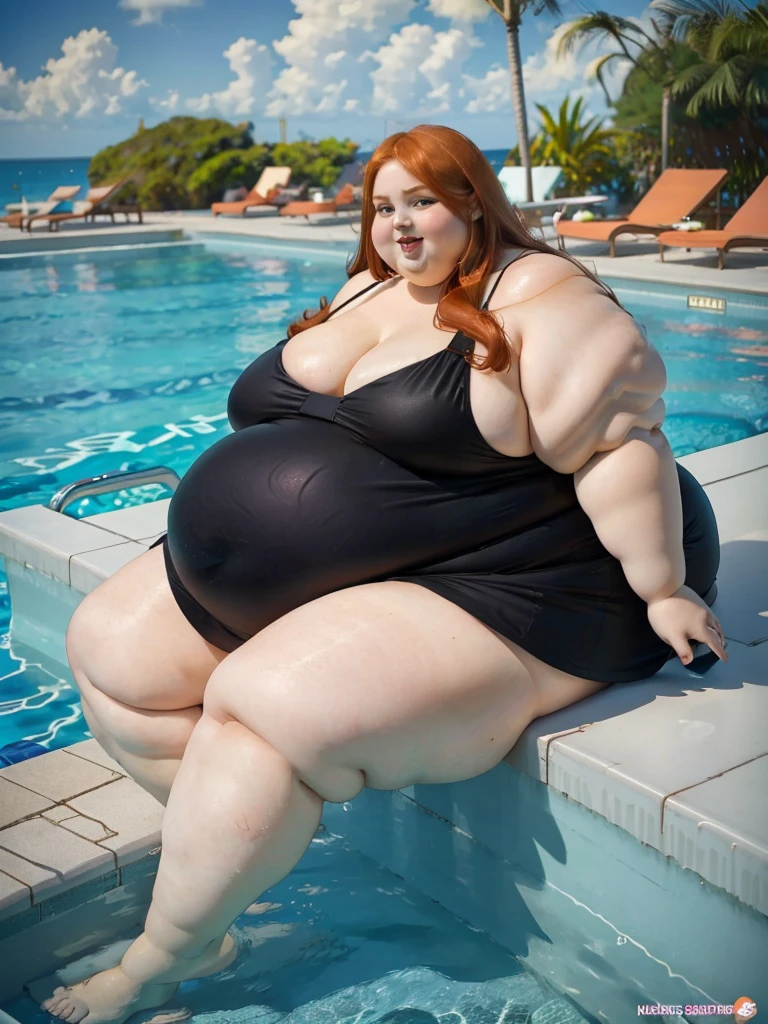A happy travelling photo of a young redhead ssbbw with long ginger hair, very soft fat belly, very obese legs, thick fat wide legs and fat arms, huge wide butt, cute pretty face, fat breasts, in a black swimming-dress laying on a poolside