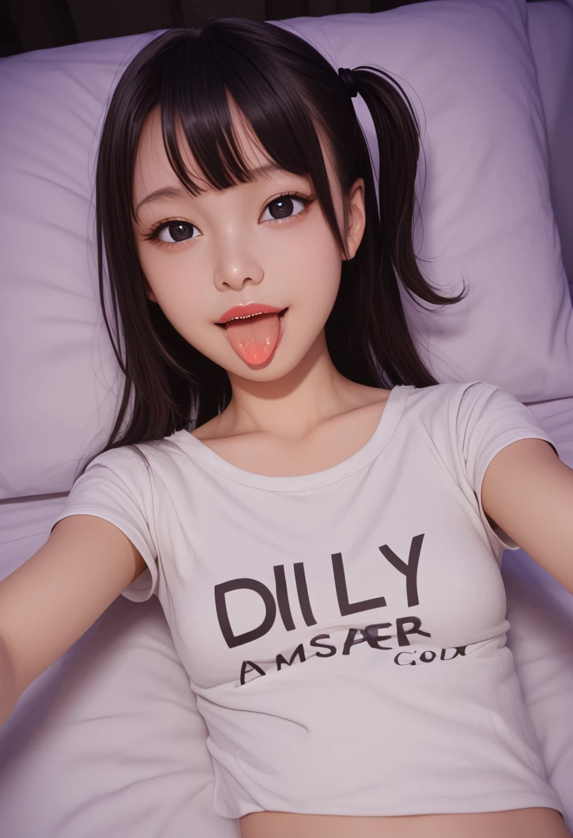 pastel colors t-shirt,off-shoulder look,bare shoulder,ollarbone,midriff peek,string panties,(open mouth:1.5),(tongue out:2),lying,Selfie,front view,upper body,(1girl,Beautiful  girl),((Slender,Small breasts,Small face,)),(looking at viewer),Black Hair,bangs,one side up,Beautiful and detailed,(Dimly lit room:1.5),Simple Background,White bed,pillow,Mischievous smile
