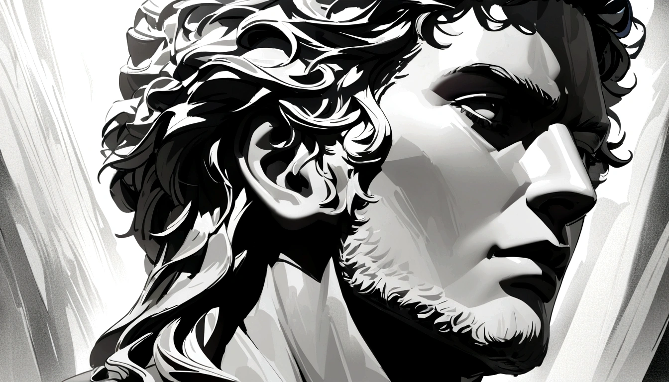 A Portrait Statue of the Stoic Marcus Aurelius in Black and White 4K,Face lateral, super realistico