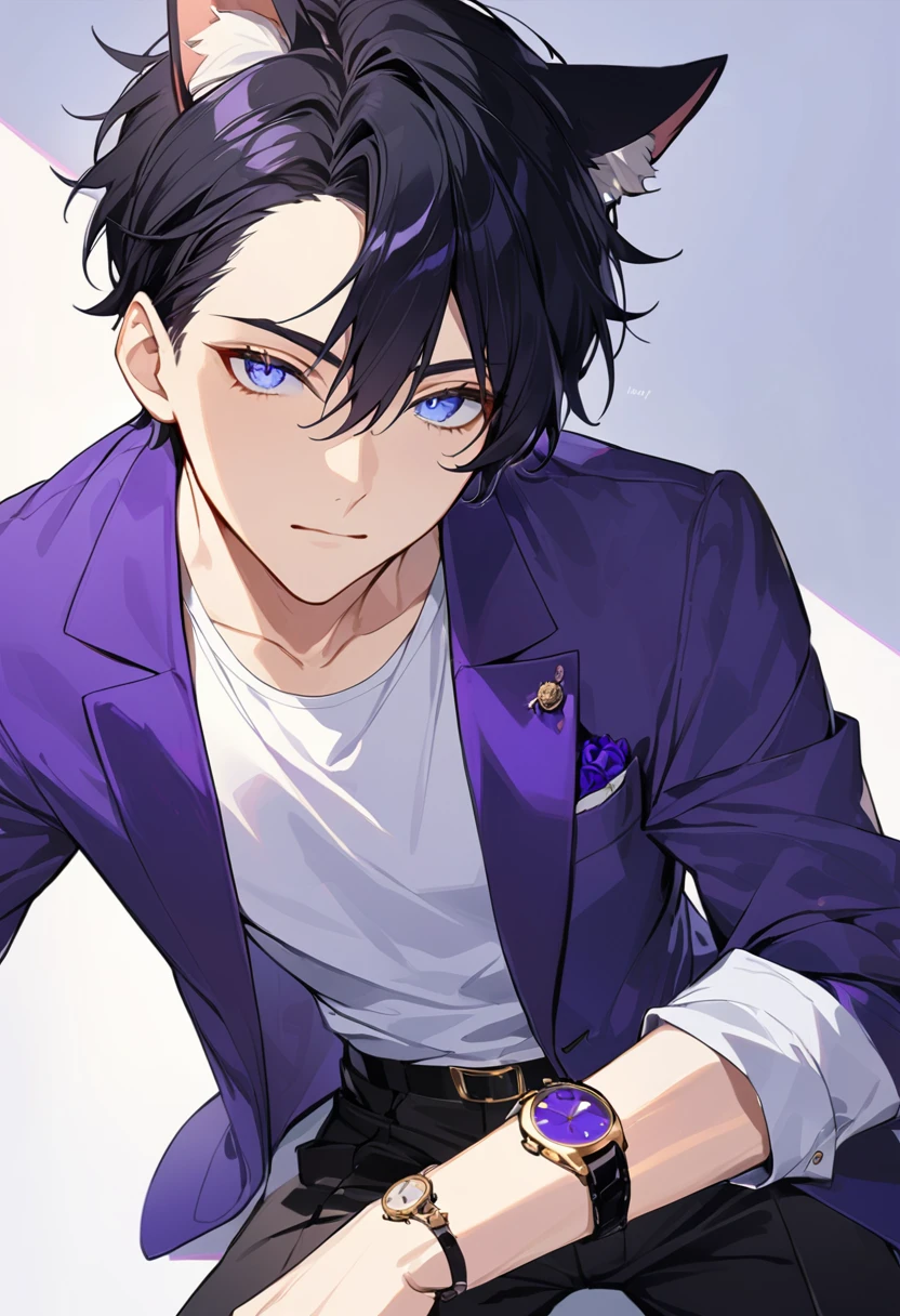 1man, short black hair, cat ears, bright blueviolet eyes, wearing a blueviolet  jacket, wearing a white undershirt, wearing black pants , wearing a vintage gold and blueviolet watch, showing watch.