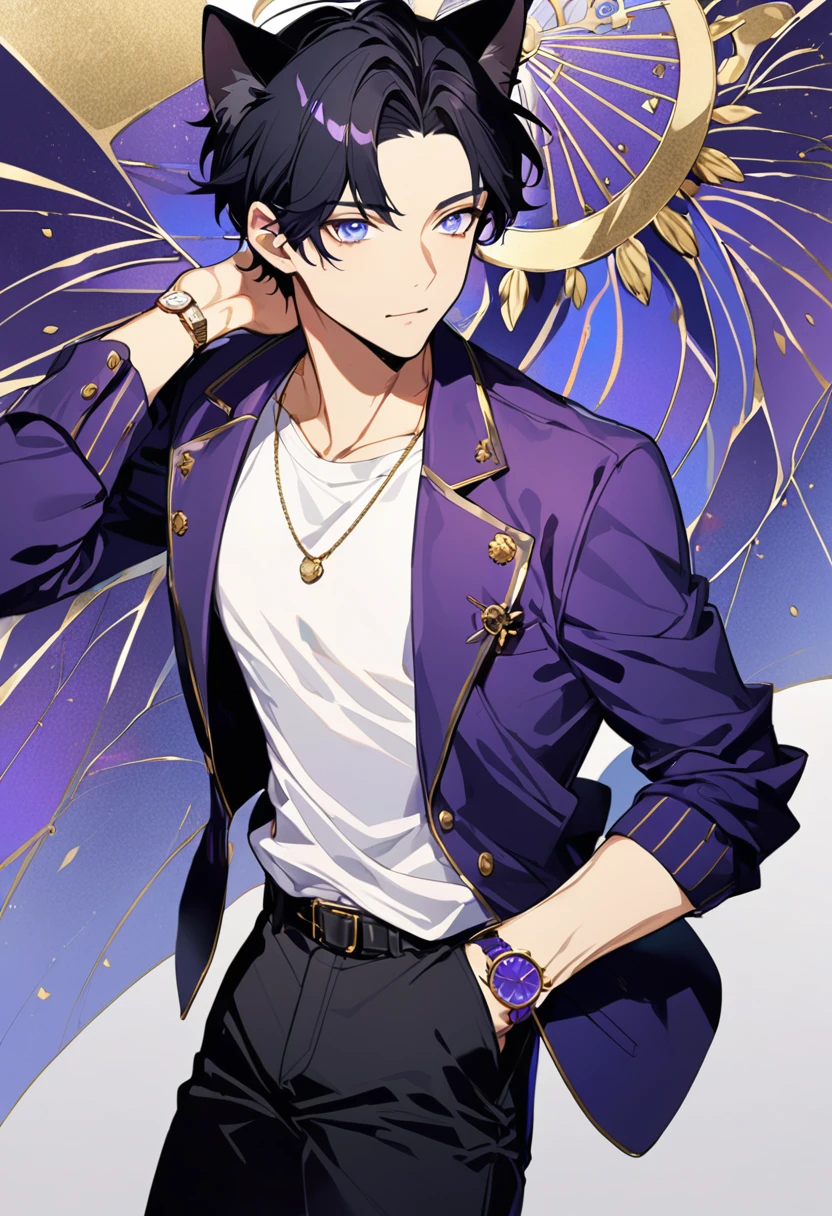 1man, short black hair, cat ears, bright blueviolet eyes, wearing a blueviolet  jacket, wearing a white undershirt, wearing black pants , wearing a vintage gold and blueviolet watch, showing watch.