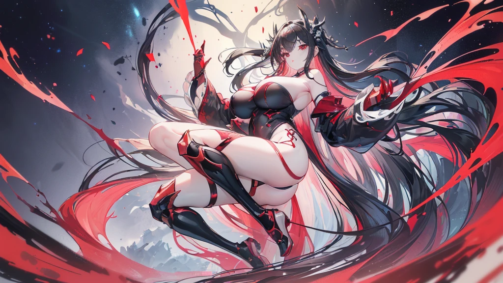 (Exquisite eyes),(Clear and beautiful eyes:1.61),masterpiece, ung girl,(Black clothes and some red gems), Black long hair, (She has a huge red gem on her chest), Good Hand,((The Havoc of StarCraft)),full-body shot,Fighting Stance,(Red Eyes:1.466),short and small,(Very big breasts:1.35),(Pretty Face),(full-body shot:1.33),Beautiful hands