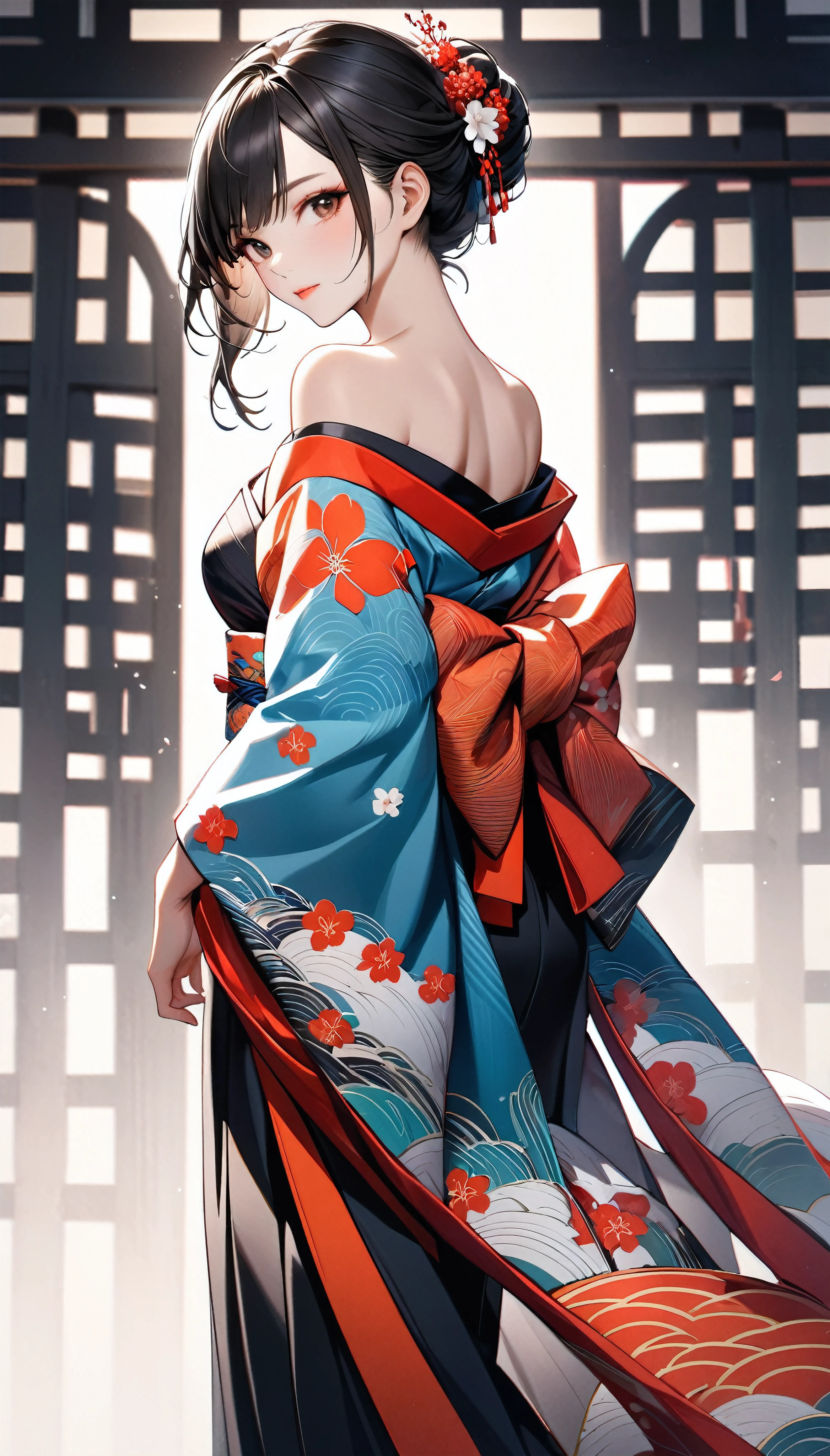 Attractive woman in traditional Japanese kimono, alone, Strapless off-shoulder kimono, Dark brownish black hair, Detailed and realistic skin texture, High contrast attractive skin tones, Captivating soft make-up, BREAK Luxury Japanese Kimono, Detailed silk texture, Silk luster, Fine and supple, Vibrant colors, Skin tension that accentuates cleavage, BREAK Gorgeous patterns on kimonos, Detailed and intricate coloring, Aesthetic high contrast, Healthy Skin, BREAK A bold composition that seduces the viewer, Absurd aesthetics, BREAK Full Body Shot, back of head,