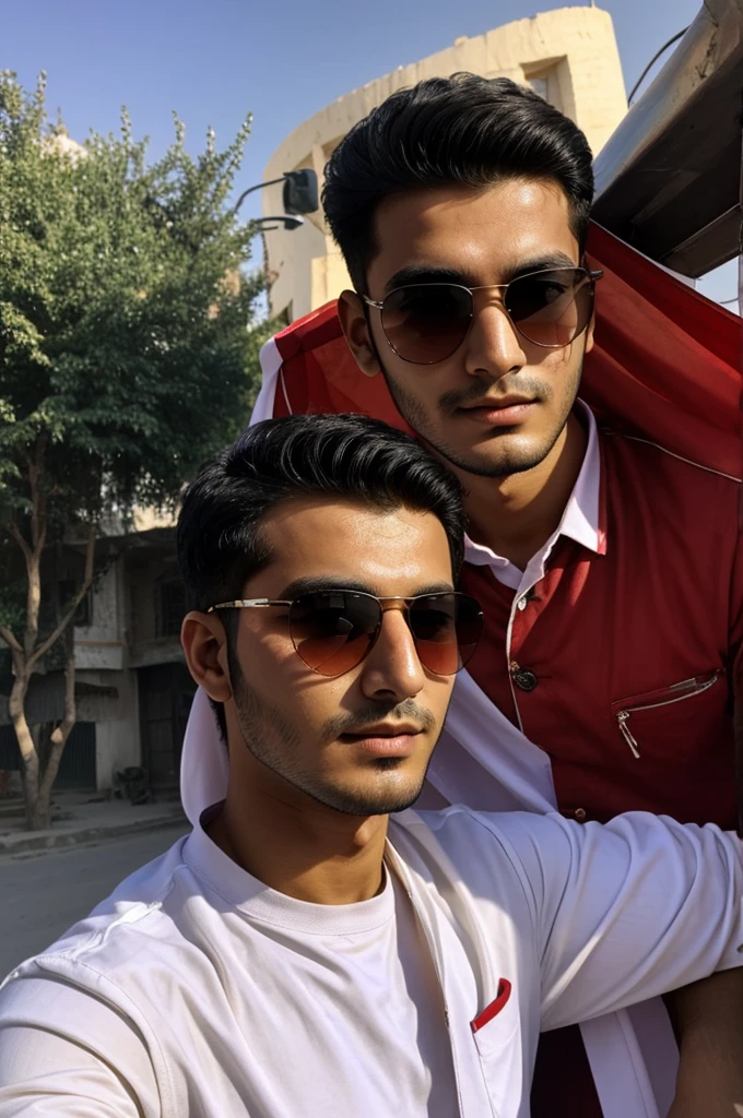 21 years old Afghanistan boy with fair skin wearing sunglasses posing for a WhatsApp pictures red light in background