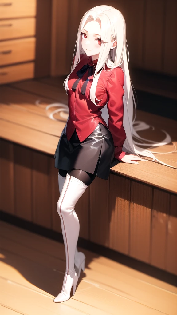 masterpiece, best quality, absurdres, perfect anatomy, 1girl, solo, Irisviel von Einzbern, long hair, red shirt, dress shirt, white skirt, pantyhose, cowboy shot, standing, smile, indoors, arms behind back, thighhigh boots, heels, full body, sit, crossed legs, sofa