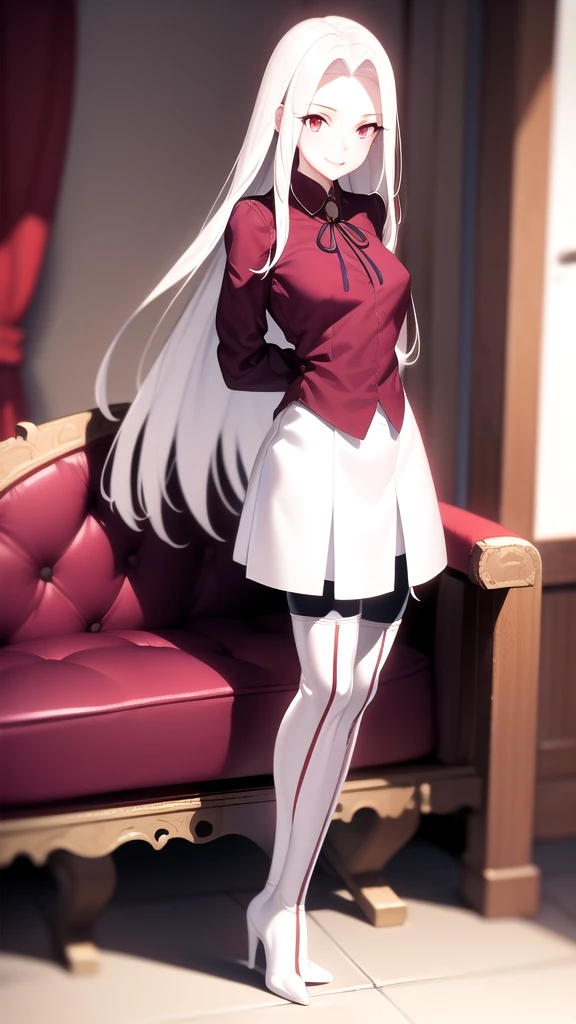 masterpiece, best quality, absurdres, perfect anatomy, 1girl, solo, Irisviel von Einzbern, long hair, red shirt, dress shirt, white skirt, pantyhose, cowboy shot, standing, smile, indoors, arms behind back, thighhigh boots, heels, full body, sit, crossed legs, sofa