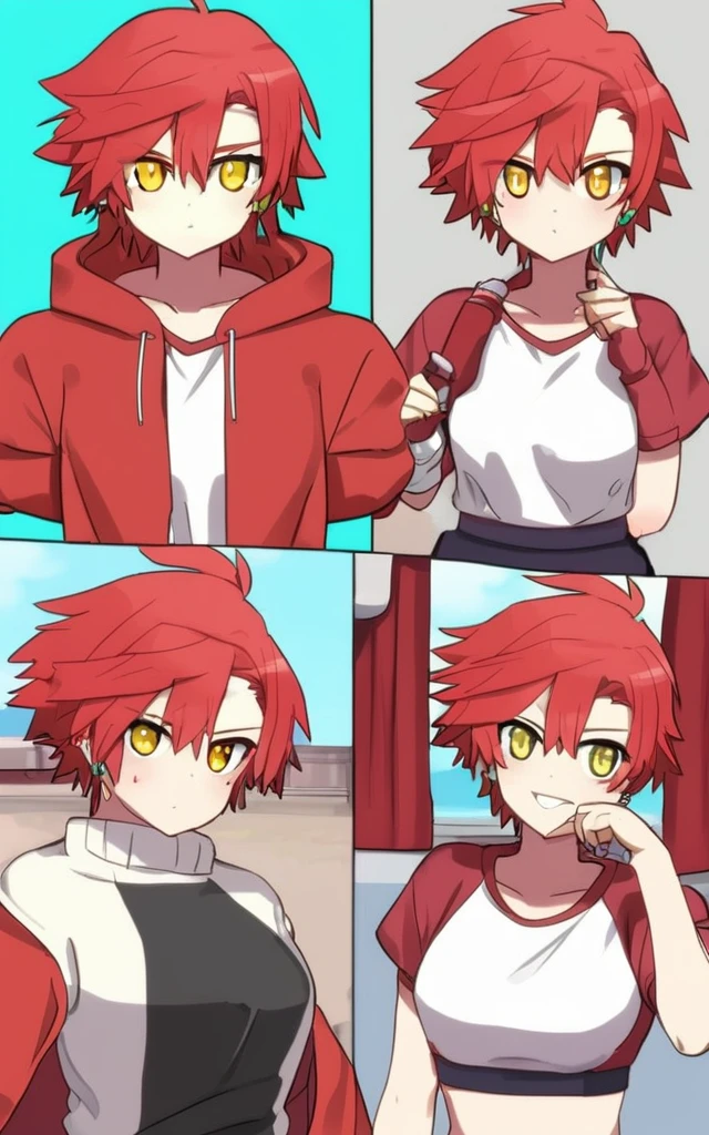 Gym anime girl with short red hair like Tomo chan, six pack and yellow eyes