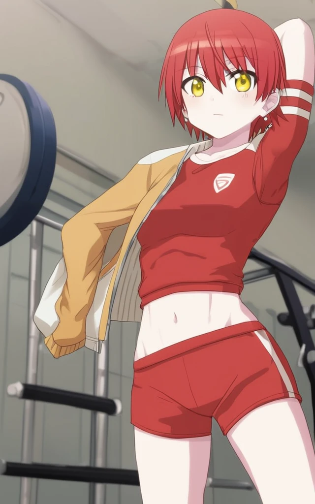 Gym anime girl with short red hair like Tomo chan, six pack and yellow eyes