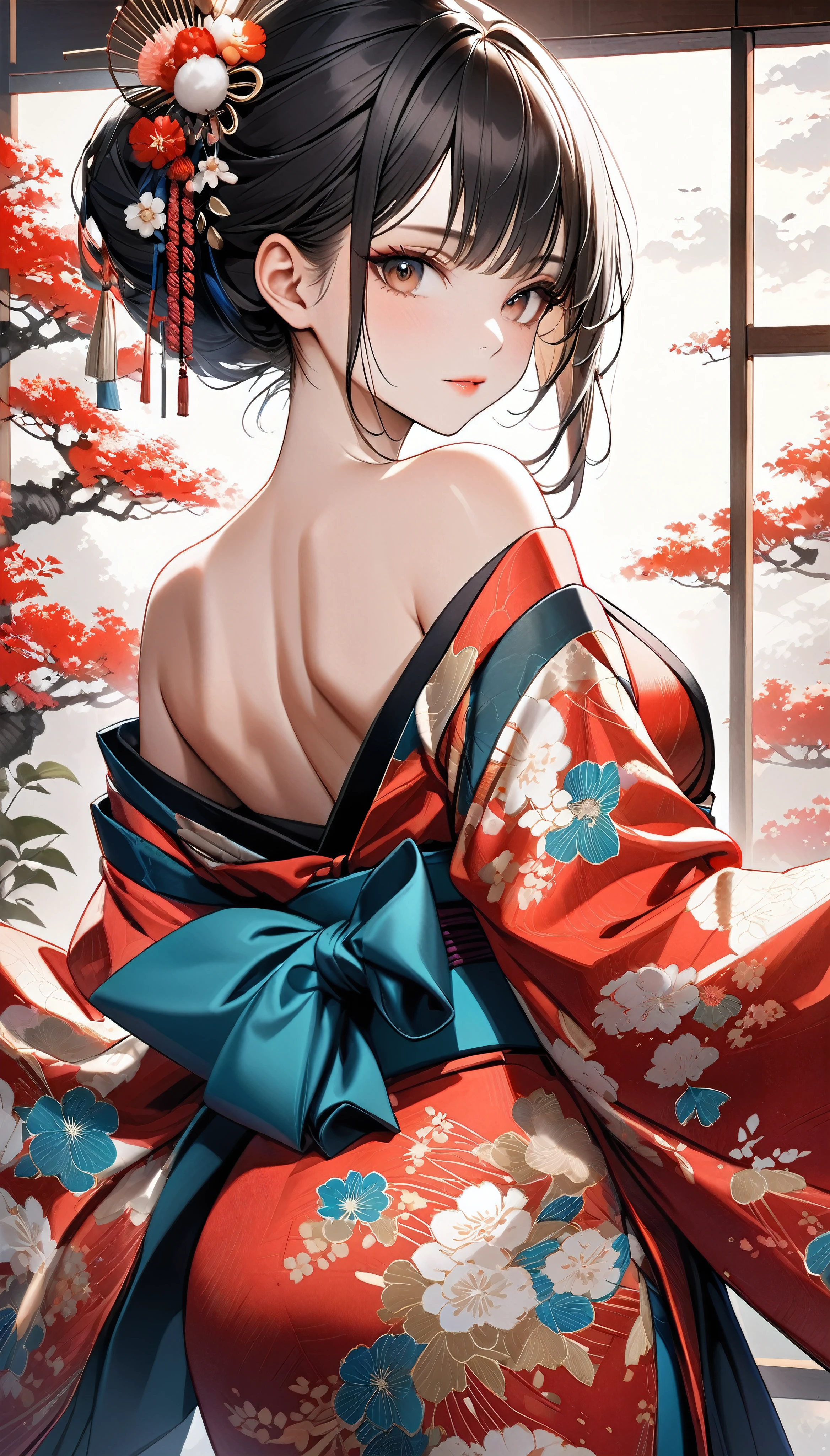 Attractive woman in traditional Japanese kimono, alone, Strapless off-shoulder kimono, Dark brownish black hair, Detailed and realistic skin texture, High contrast attractive skin tones, Captivating soft make-up, BREAK Luxury Japanese Kimono, Detailed silk texture, Silk luster, Fine and supple, Vibrant colors, Skin tension that accentuates cleavage, BREAK Gorgeous patterns on kimonos, Detailed and intricate coloring, Aesthetic high contrast, Healthy Skin, BREAK A bold composition that seduces the viewer, Absurd aesthetics, BREAK Full Body Shot, back of head,
