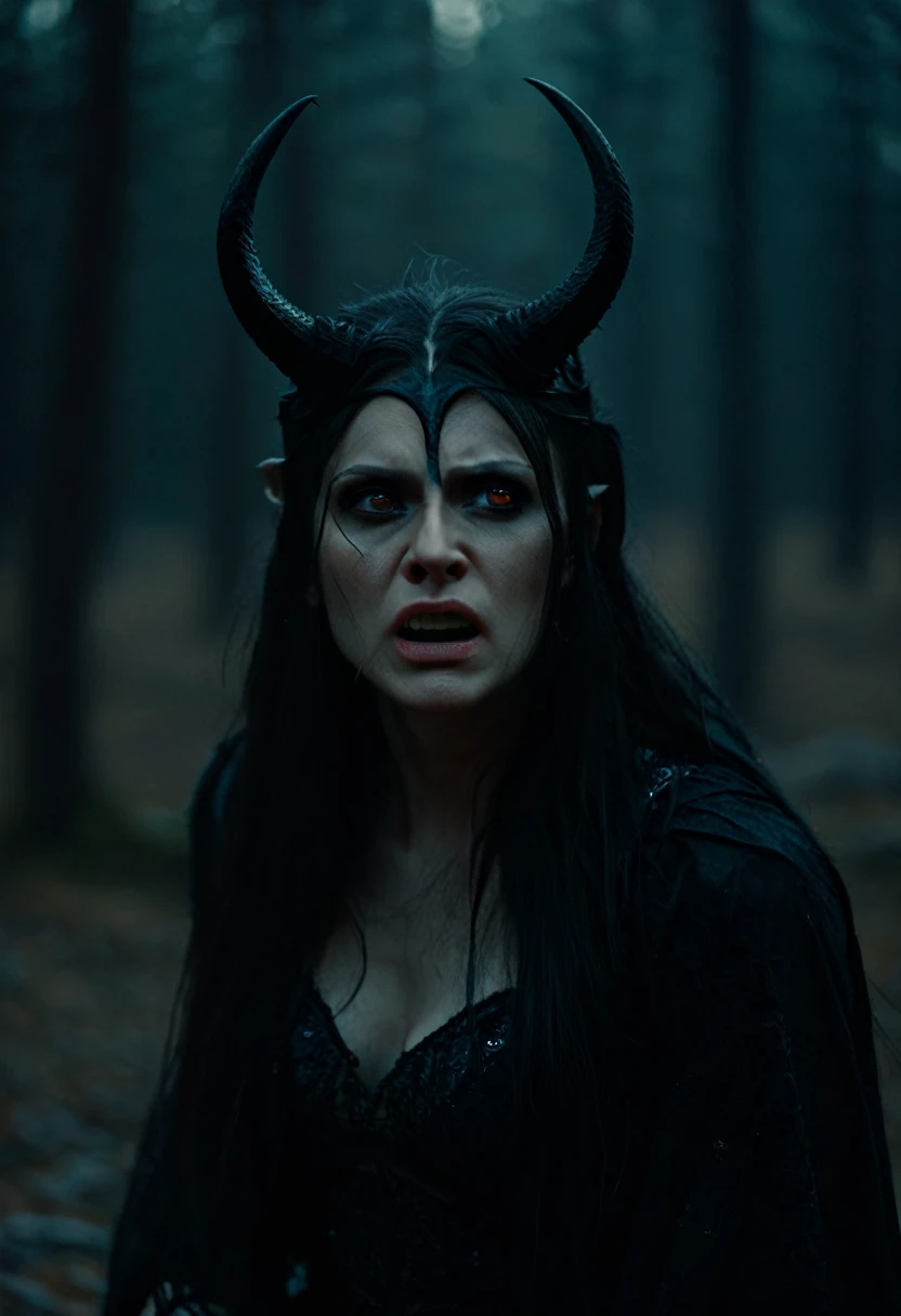 beautiful evil slavic muscular woman, pale skin, long hair, orange eyes, black horns, hood, cry, sad, hurt, gloomy dark background, shrouded spirit, black horns, pinnacle, forest, cry, (intricate details, hyperdetailed:1.15) (skin texture:1.2), cinematic, professional, 4k, (((dynamic model pose))), sitting, full body, mesmerizing, dynamic, dramatic, dynamic pose, highly detailed skin with hair, subcutaneous veins, light and shadow play, highly detailed,24mm photograph, film, bokeh, professional, 4k,