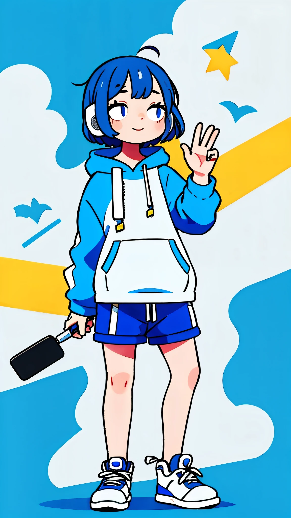 Mash Hair　Short Hair　Blue hair　Wearing a blue hoodie　　I'm wearing headphones　1 male　smile　Yellow irises　Narrow eyes　cheeks are white　The whole body is shown　Looking into the distance　Waving one hand up　The whole body is on camera