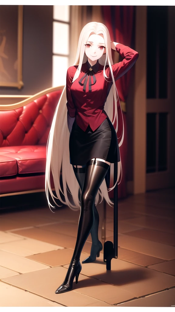 masterpiece, best quality, absurdres, perfect anatomy, 1girl, solo, Irisviel von Einzbern, long hair, red shirt, dress shirt, black skirt, pantyhose, cowboy shot, standing, smile, indoors, arms behind back, thighhigh boots, heels, full body, sit, crossed legs, sofa