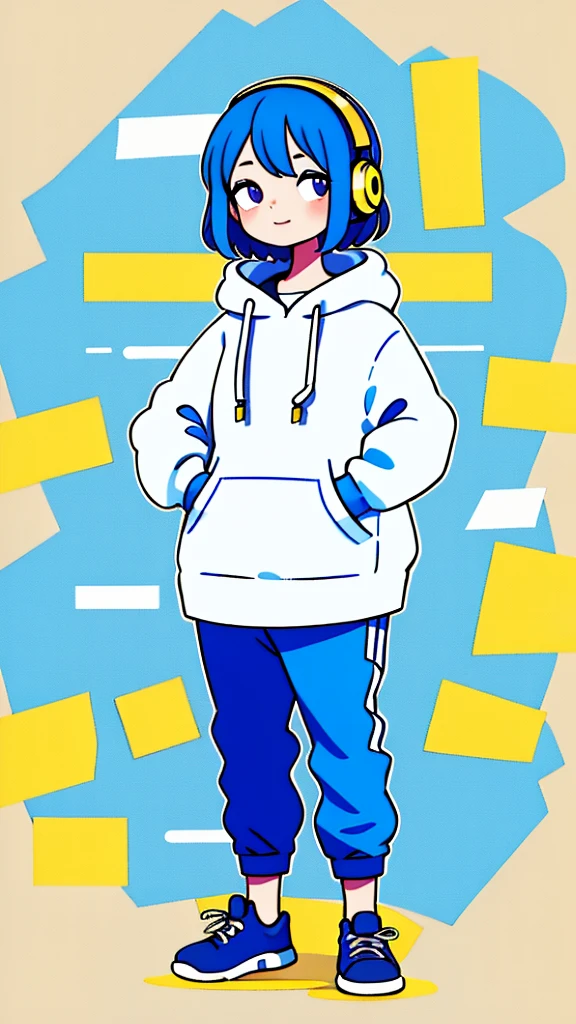 Mash Hair Short Hair Blue hair Wearing a blue hoodie I'm wearing headphones 1 male smile Yellow irises Narrow eyes cheeks are white The whole body is shown Looking into the distance Waving one hand up The whole body is on camera