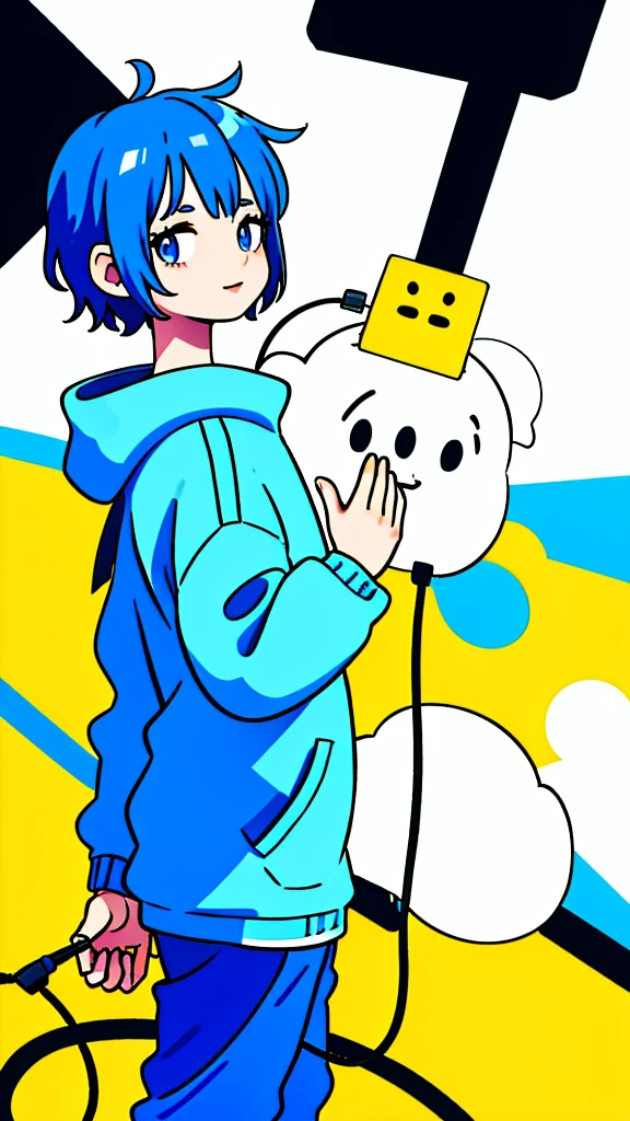 Mash Hair Short Hair Blue hair Wearing a blue hoodie I'm wearing headphones 1 male smile Yellow irises Narrow eyes cheeks are white The whole body is shown Looking into the distance Waving one hand up The whole body is on camera