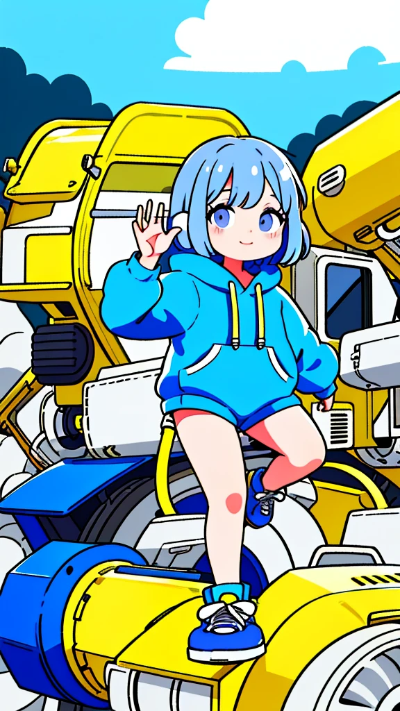 Mash Hair　Short Hair　Blue hair　Wearing a blue hoodie　　I'm wearing headphones　1 male　smile　Yellow irises　Narrow eyes　cheeks are white　The whole body is shown　Looking into the distance　Waving one hand up　The whole body is on camera