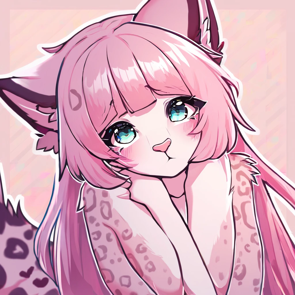 feline, mammal, anthro, anthromorphic, heart, leopard, fur, furred_anthro, female, female, bangs, ear_tufts, pink_nose, paws, hair_tuft, hair_between_eyes, long_tail, fluffy, feline_ears, expressive_eyes, pink_hair, light looking_at_viewer, pink_fur, shy, small_pupils, spotted_pattern, digital_art, high_resolution, high_res, pastel_background, white_outline, plain background, outline around character
